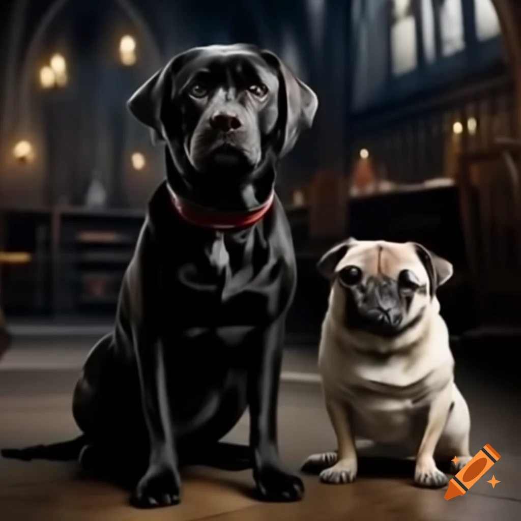 Black Labrador and small beige pug in Hogwarts setting