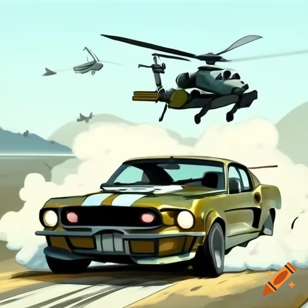Mustang muscle car drifting with Apache helicopter in ancient Japanese art style