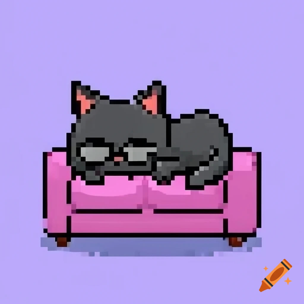 Cartoon black cat with sunglasses sleeping on couch in pixel art style