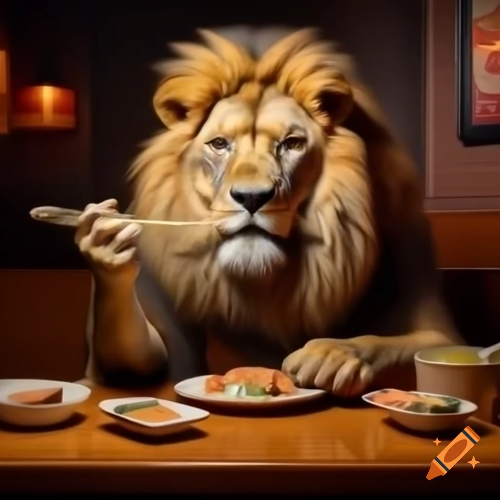 Lion sitting at table enjoying sushi