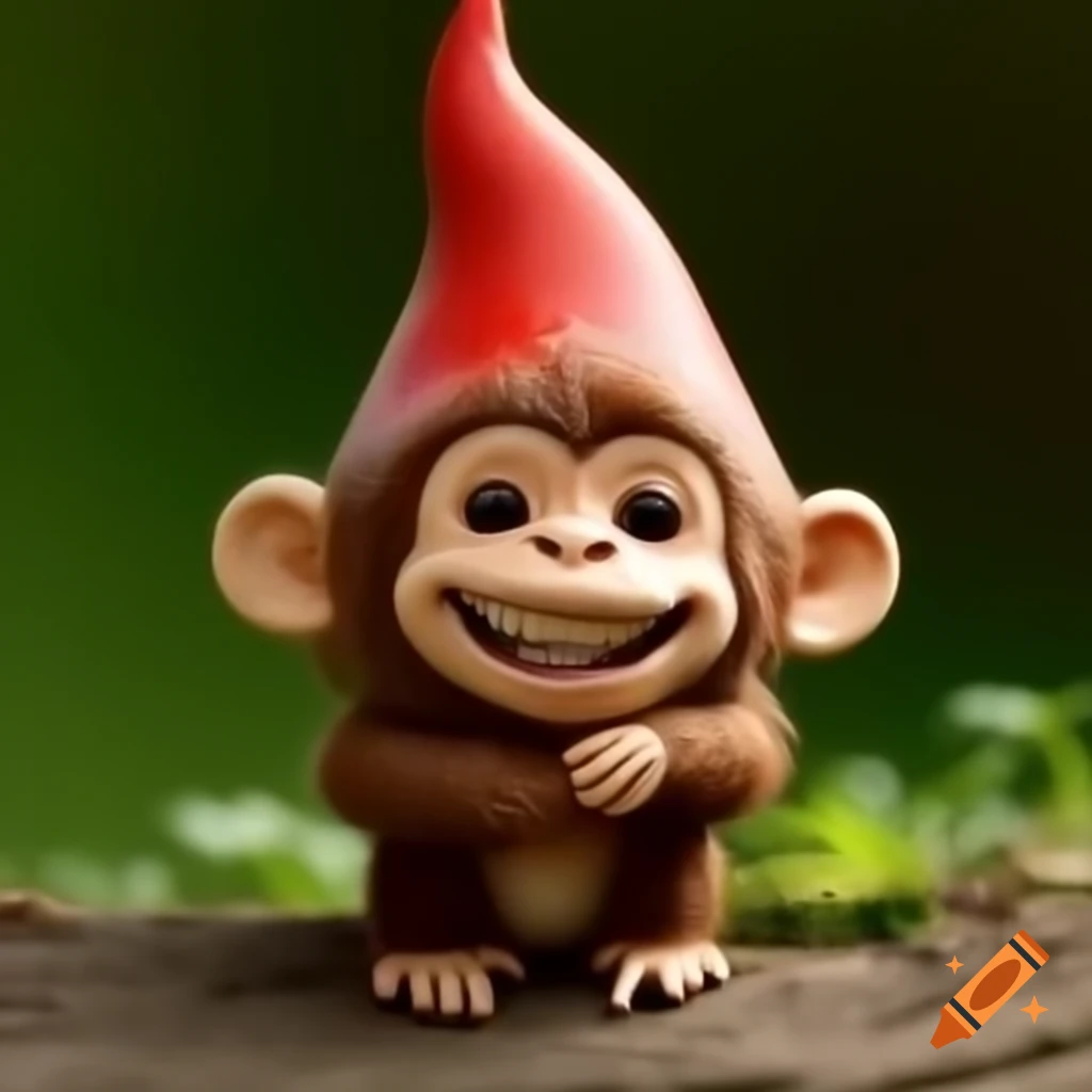 Monkey gnome with a cheerful toothy smile
