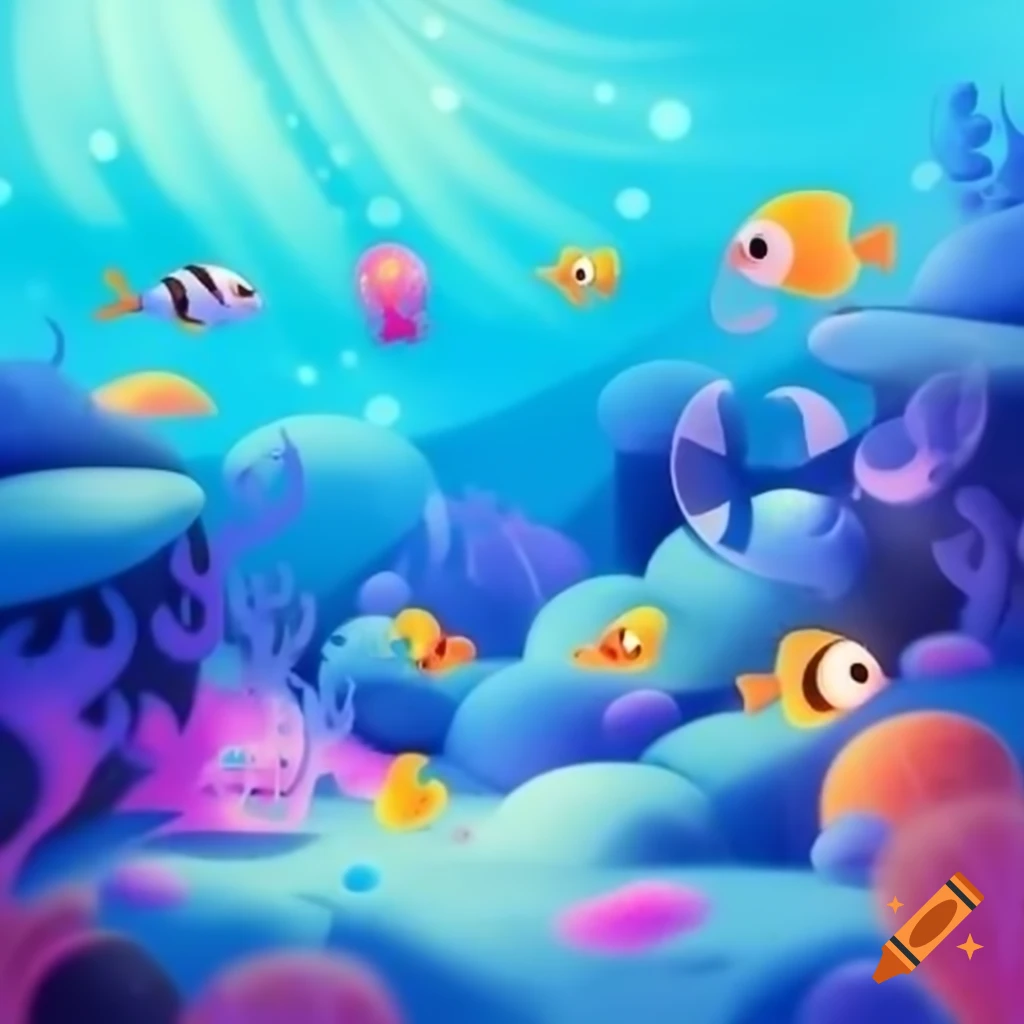 Whimsical underwater scene with colorful fish, jellyfish, and coral reefs