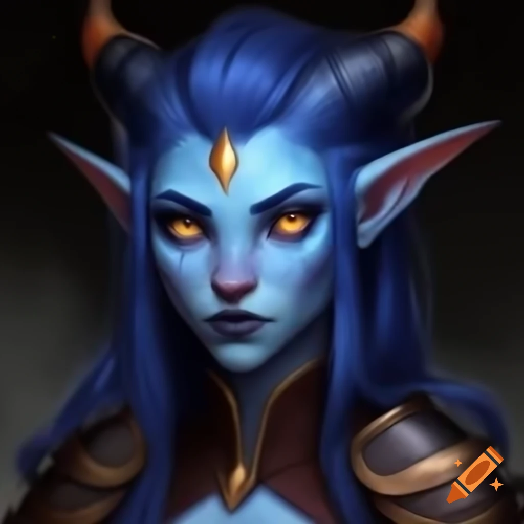 Female tiefling warlock character with blue skin and gold eyes in armor