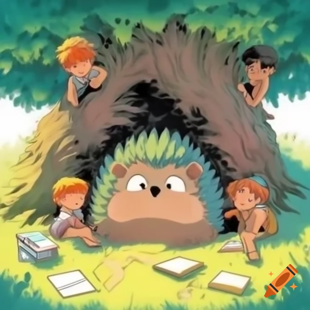 Colorful manga style hedgehog hiding behind tree with children looking at footprints
