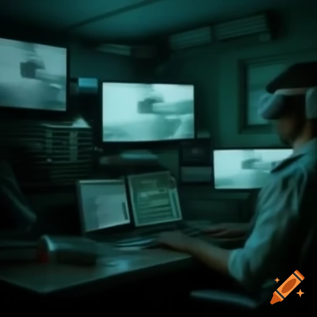 Video surveillance room with monitors displaying various camera feeds