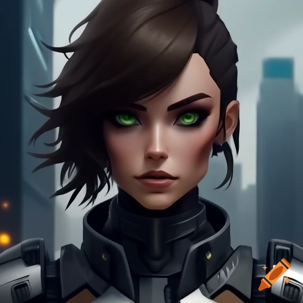 Futuristic female soldier with brown skin and green eyes in Kowloon City