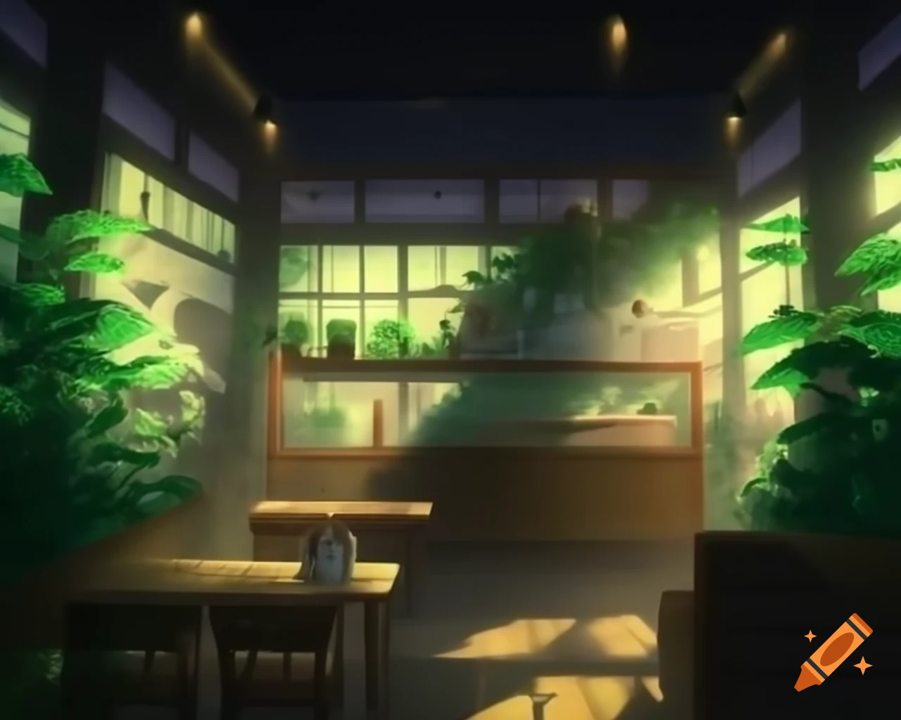 Leafy cafe with dramatic anime lighting and overflowing bookshelves