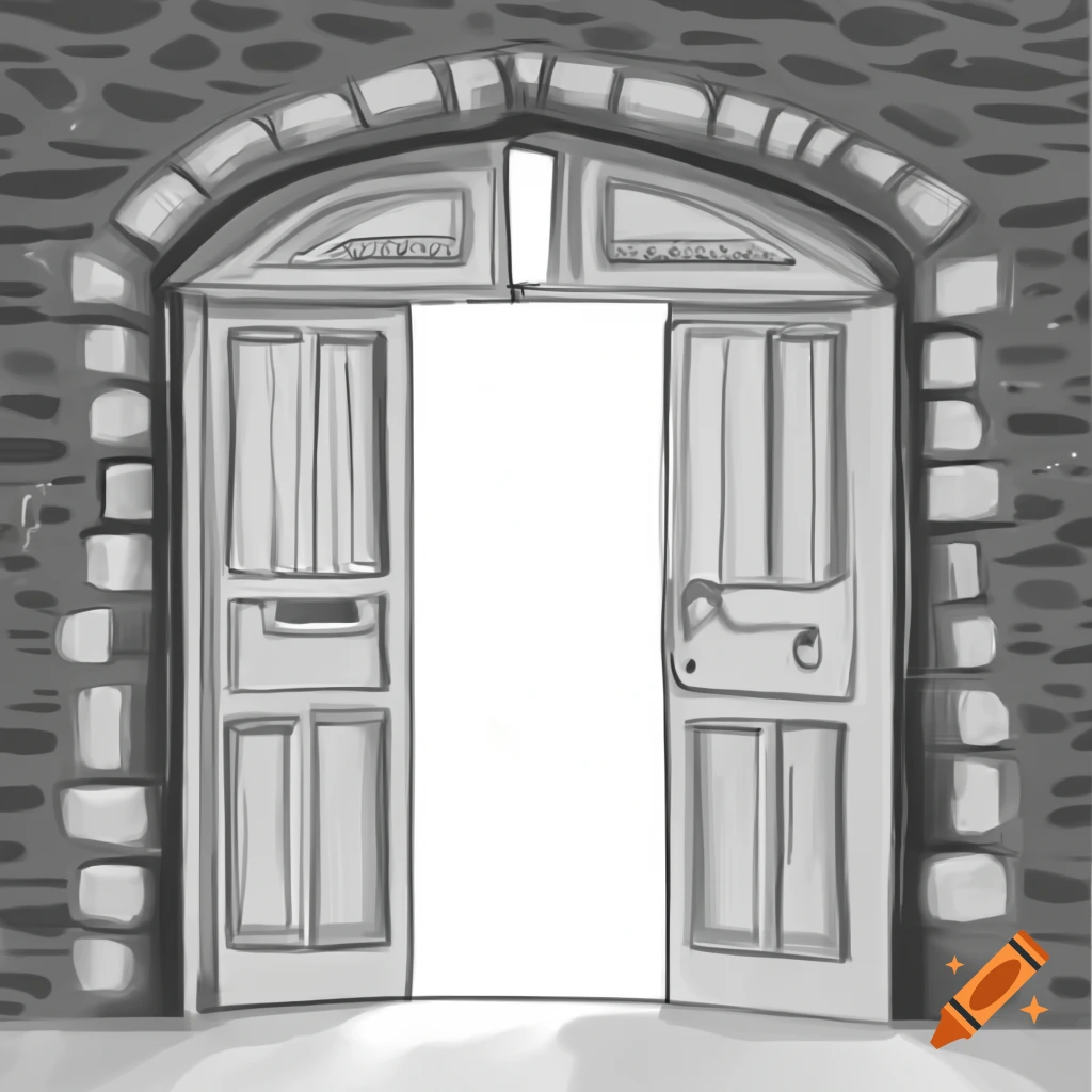 Close up sketch of castle wall with double doors opening in both directions