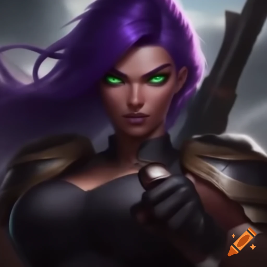 Female Warrior With Purple And Gold Attire Glowing Purple Hands And female-warrior-with-purple-and-gold-attire-glowing-purple-hands-and