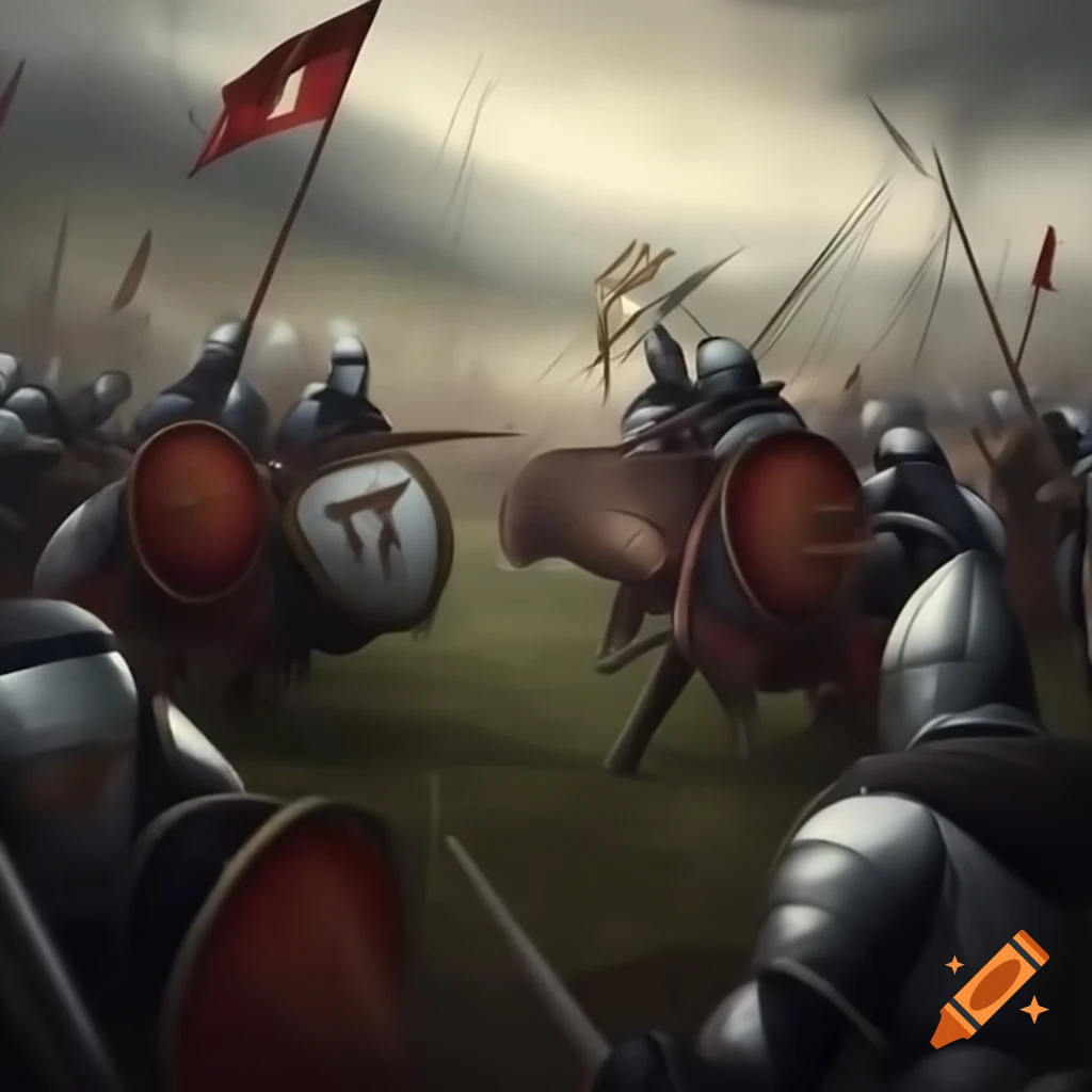 Medieval battle scene with knights in combat