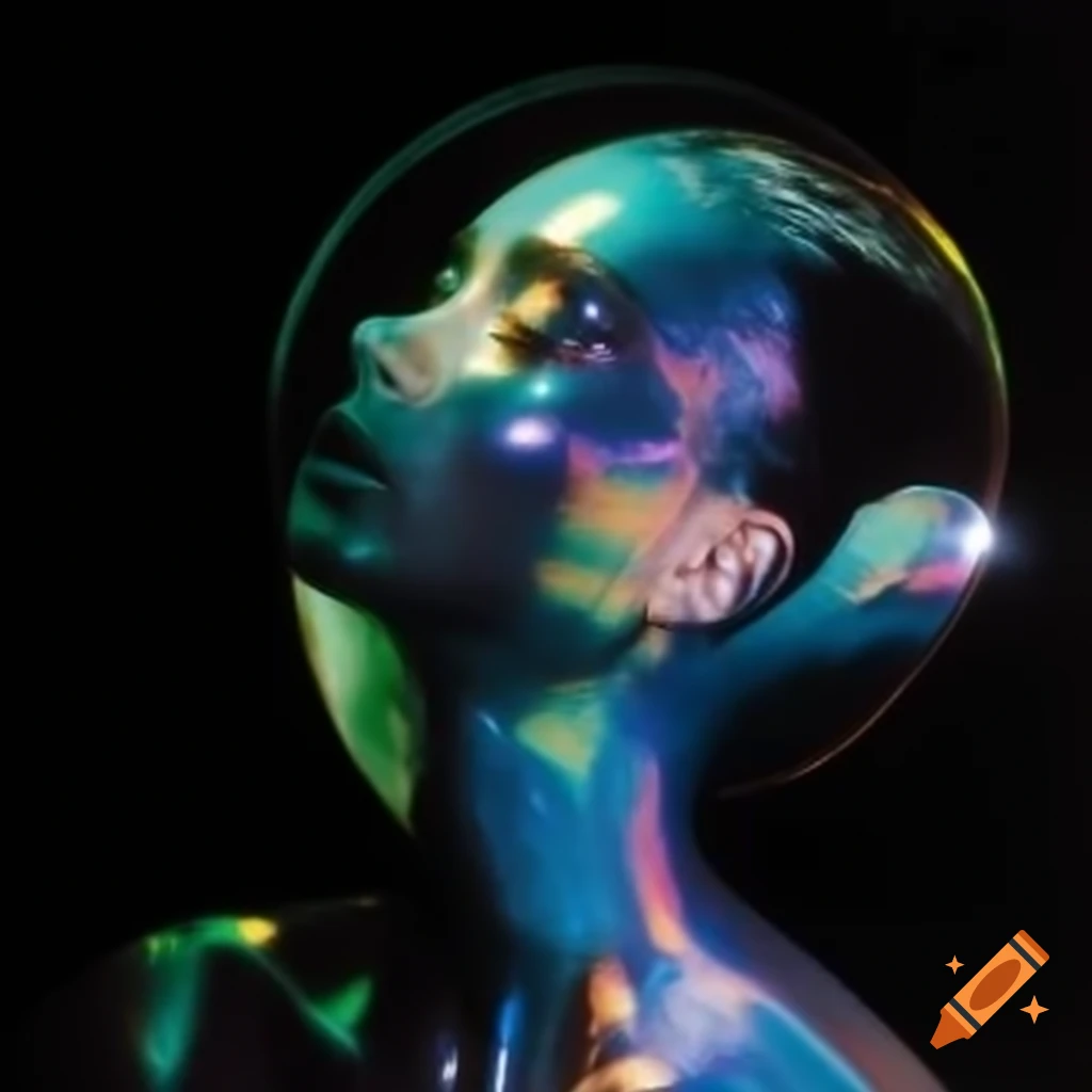 Pop surreal photography featuring iridescent glass statue