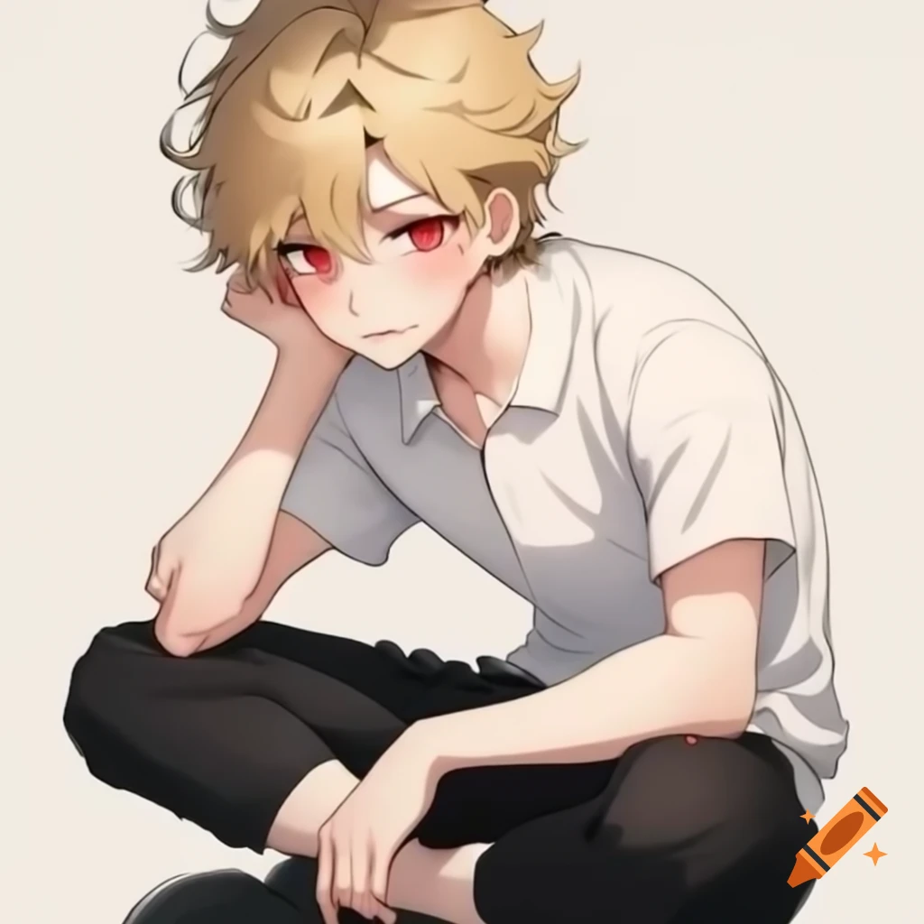 Anime boy with tan skin, wavy blonde hair, red eyes wearing white polo shirt and black pants