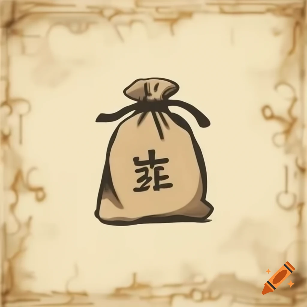 Vintage Japanese pouch bag symbol drawn in ink on paper background