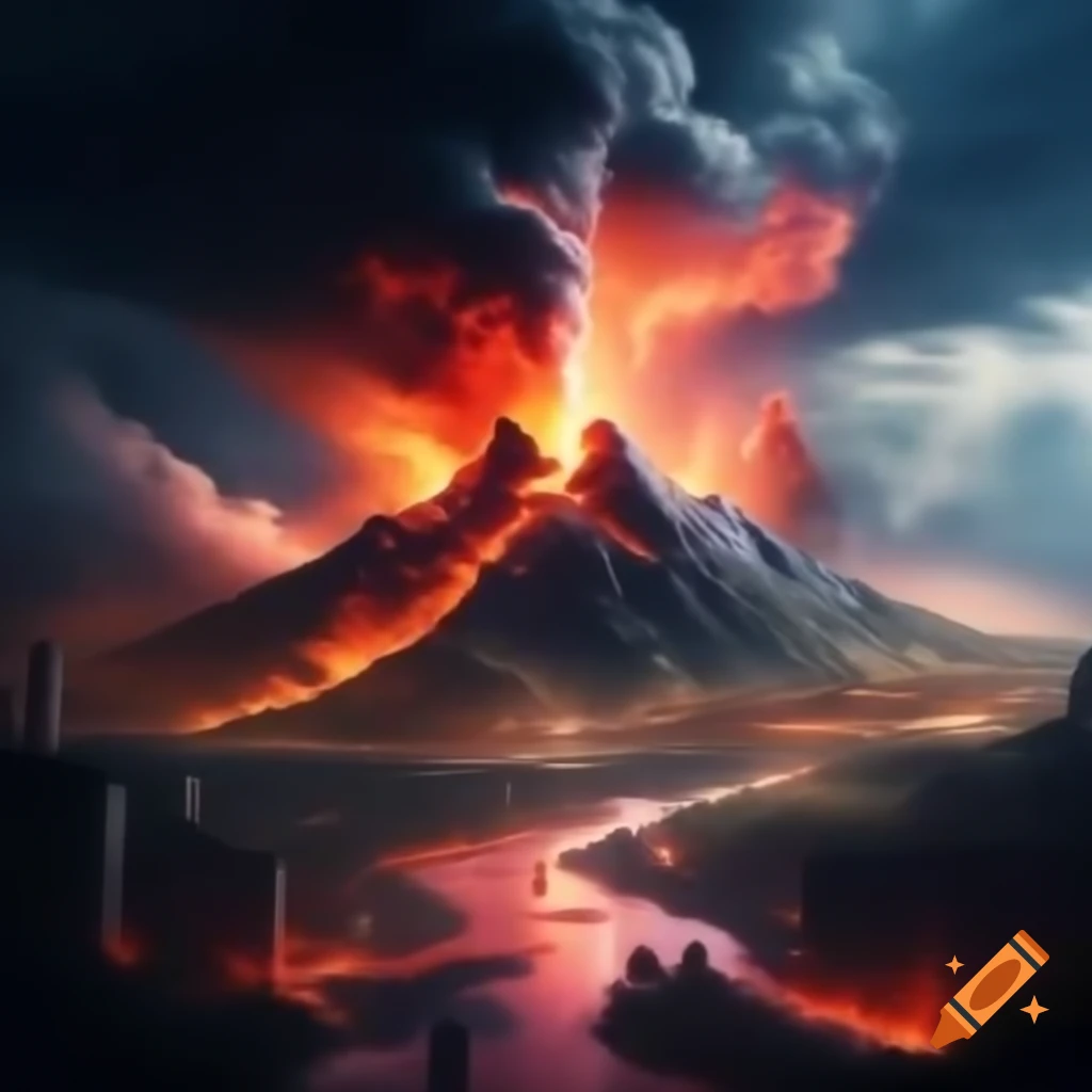 Massive volcanic eruption near modern city with lava and ash clouds