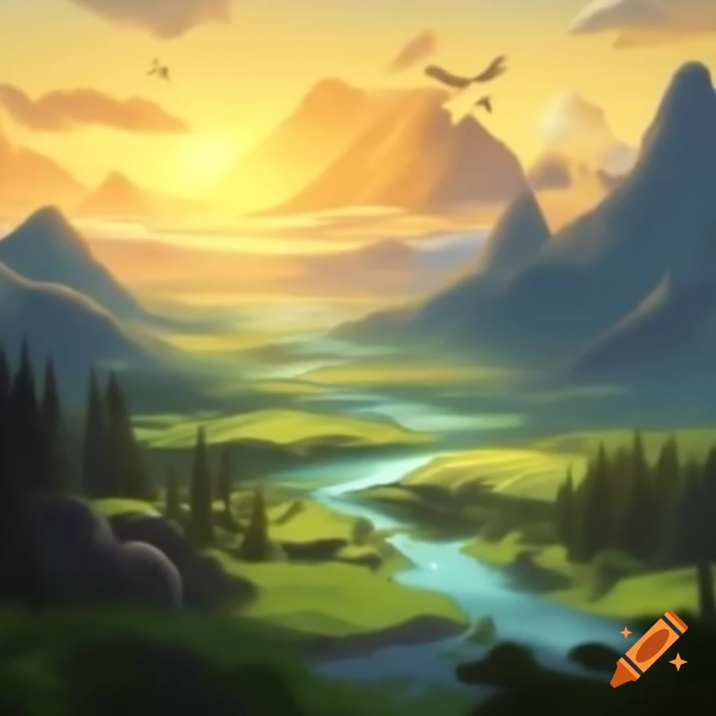 Panoramic view of vibrant kingdom with mountains and serene river in golden sunlight