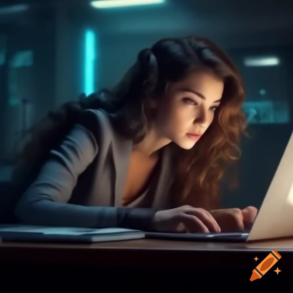 Brunette IT girl with long curled hair working on laptop in futuristic clothing