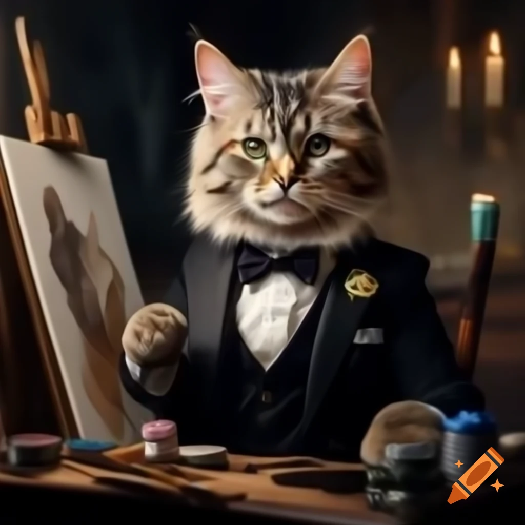 Tuxedo cat artist painting with a brush in a mystical setting