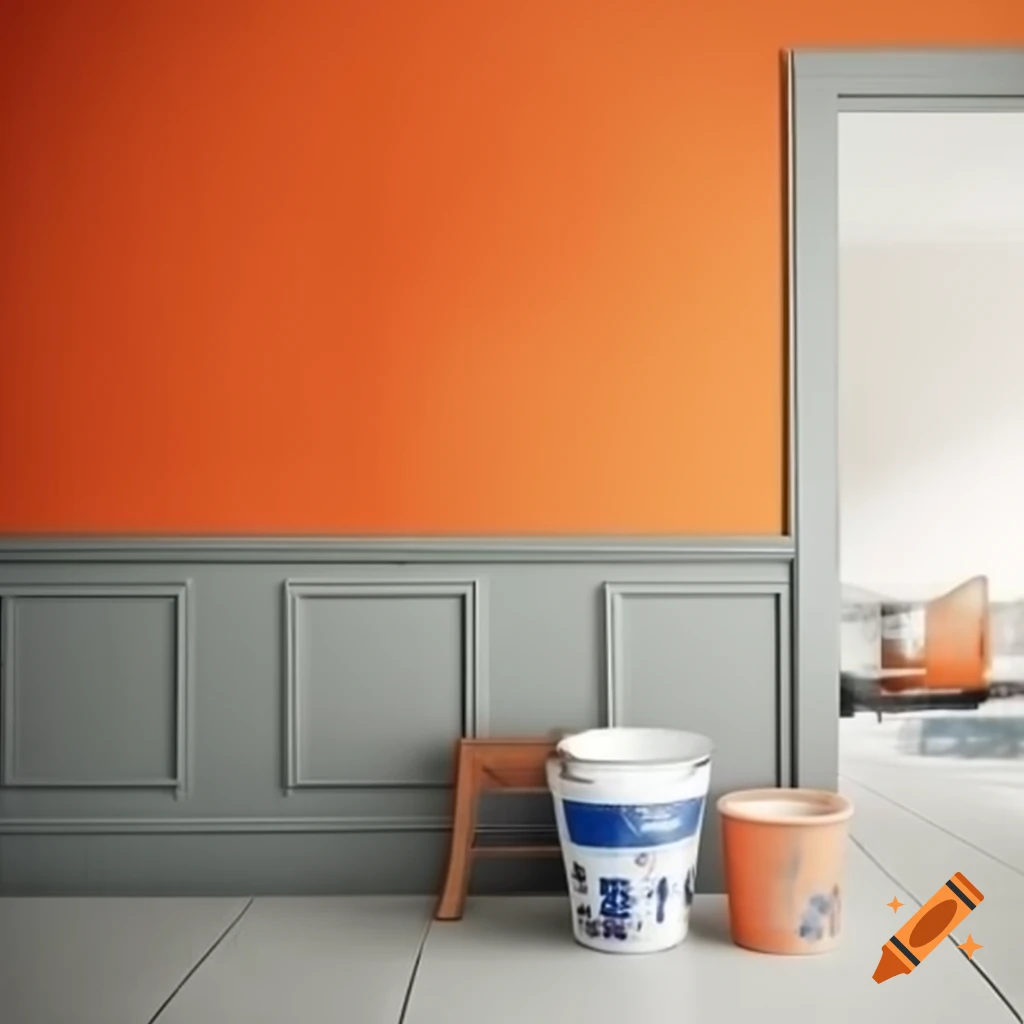 Home interior with freshly painted orange and grey walls, open paint bucket, and furniture
