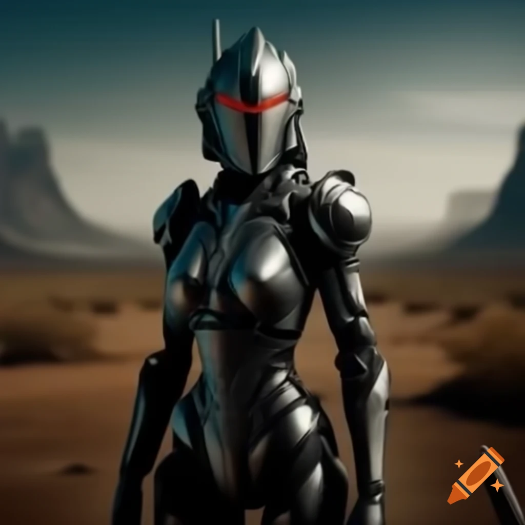 Futuristic knight standing in a desolate wasteland