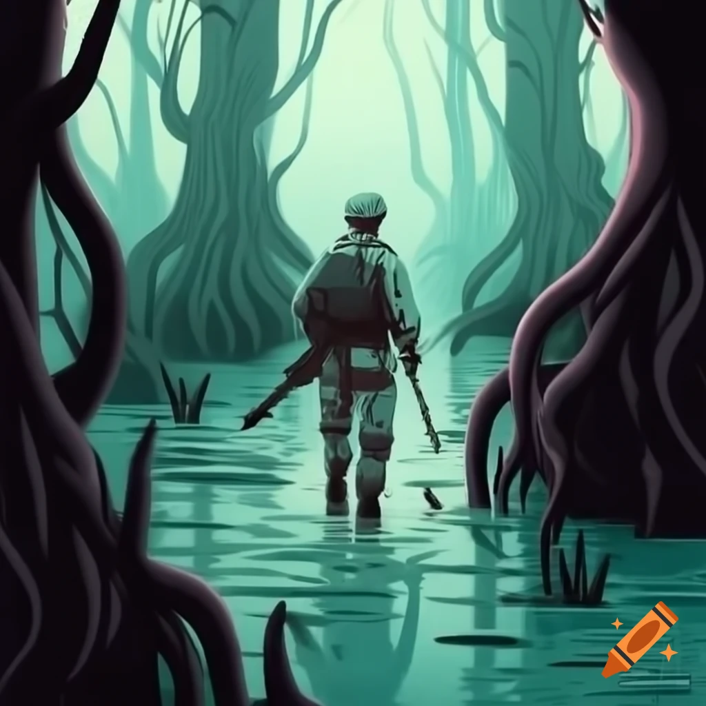 Lone soldier cautiously wading through swamp with combat boots and dense roots