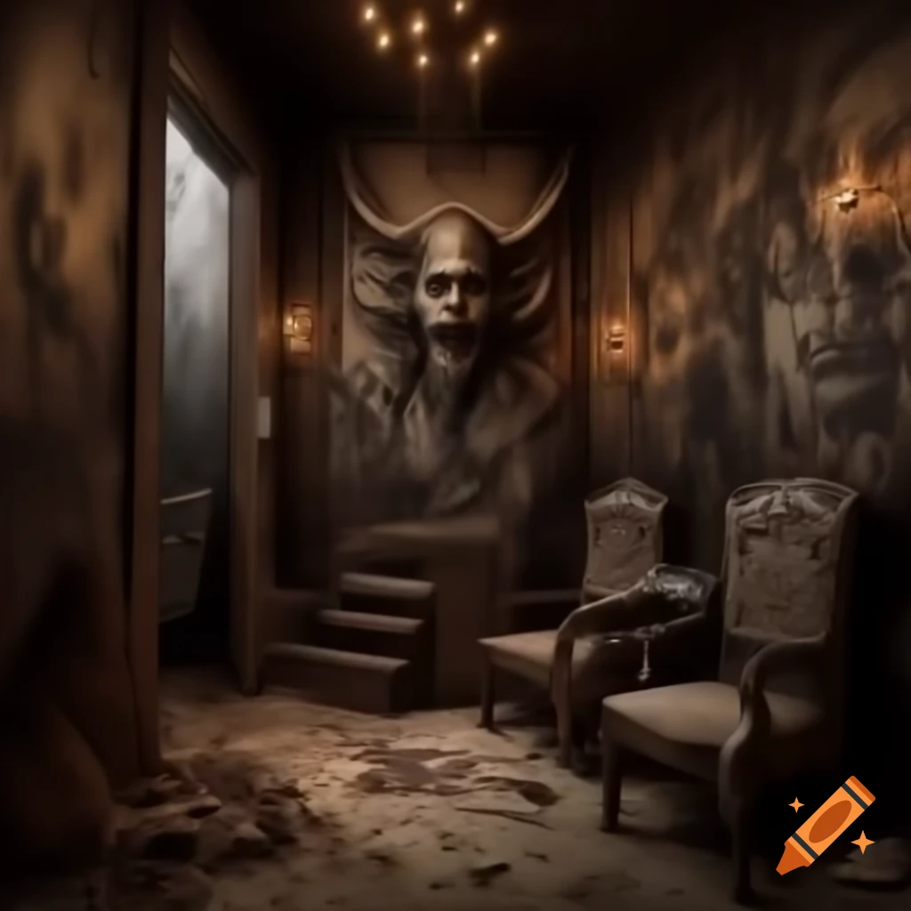 Realistic scary house interior with large room featuring demonic drawings on walls