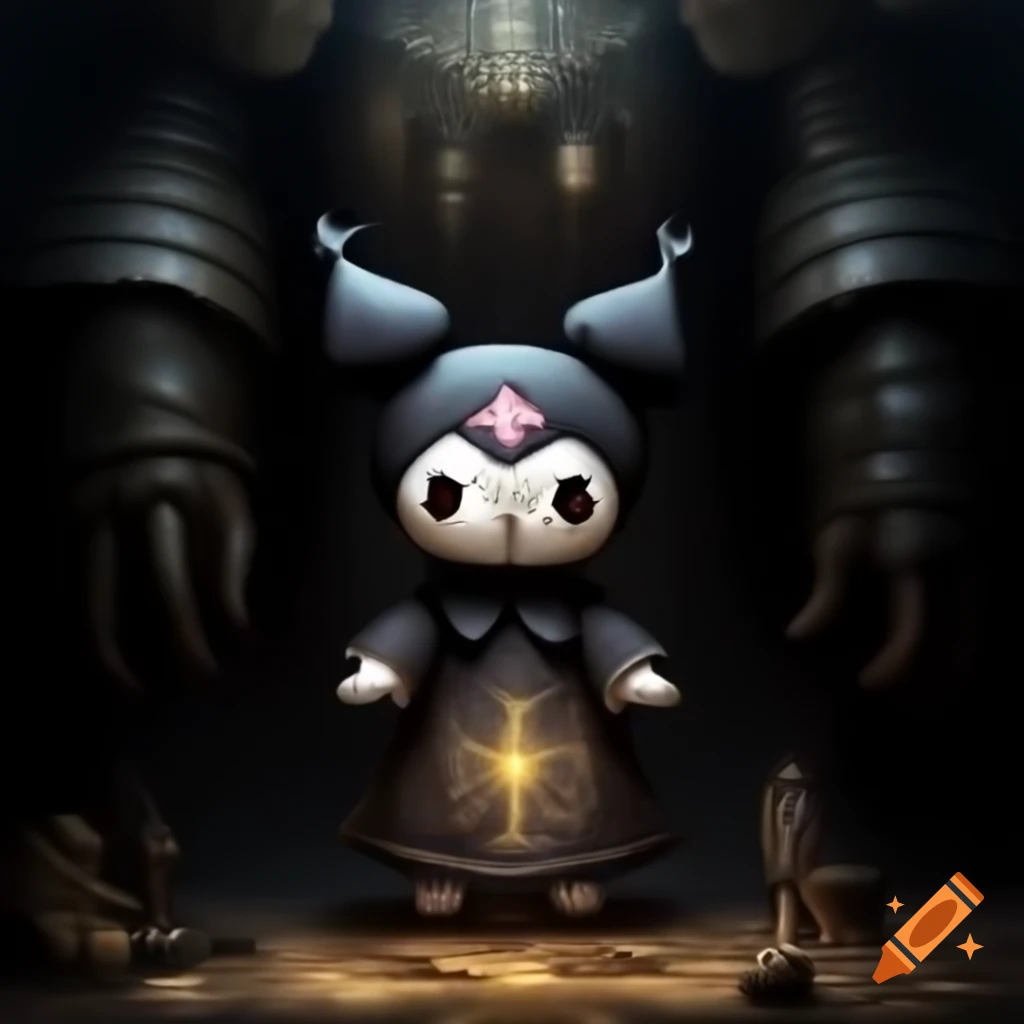 Kuromi casting a healing spell in dark armor with holy symbols