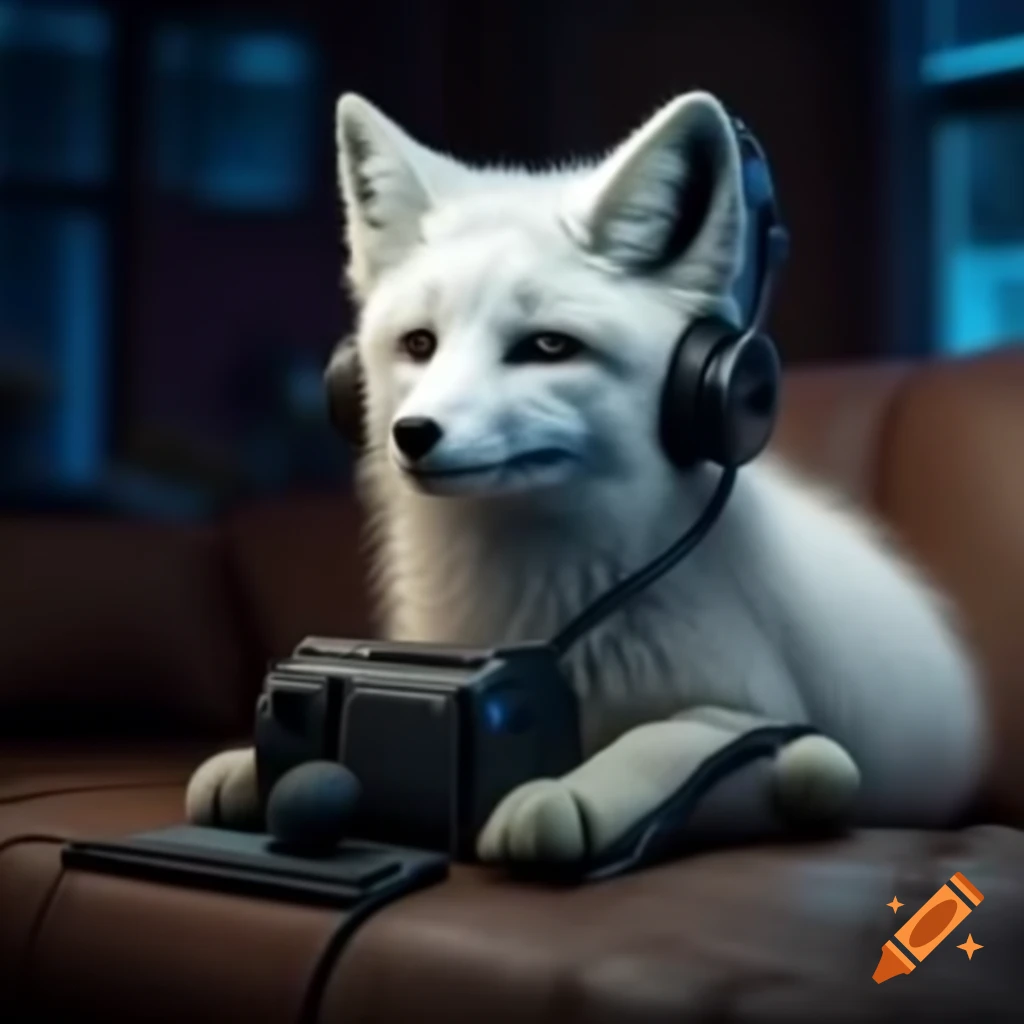 Arctic fox attentively listening to a digital radio on a sofa