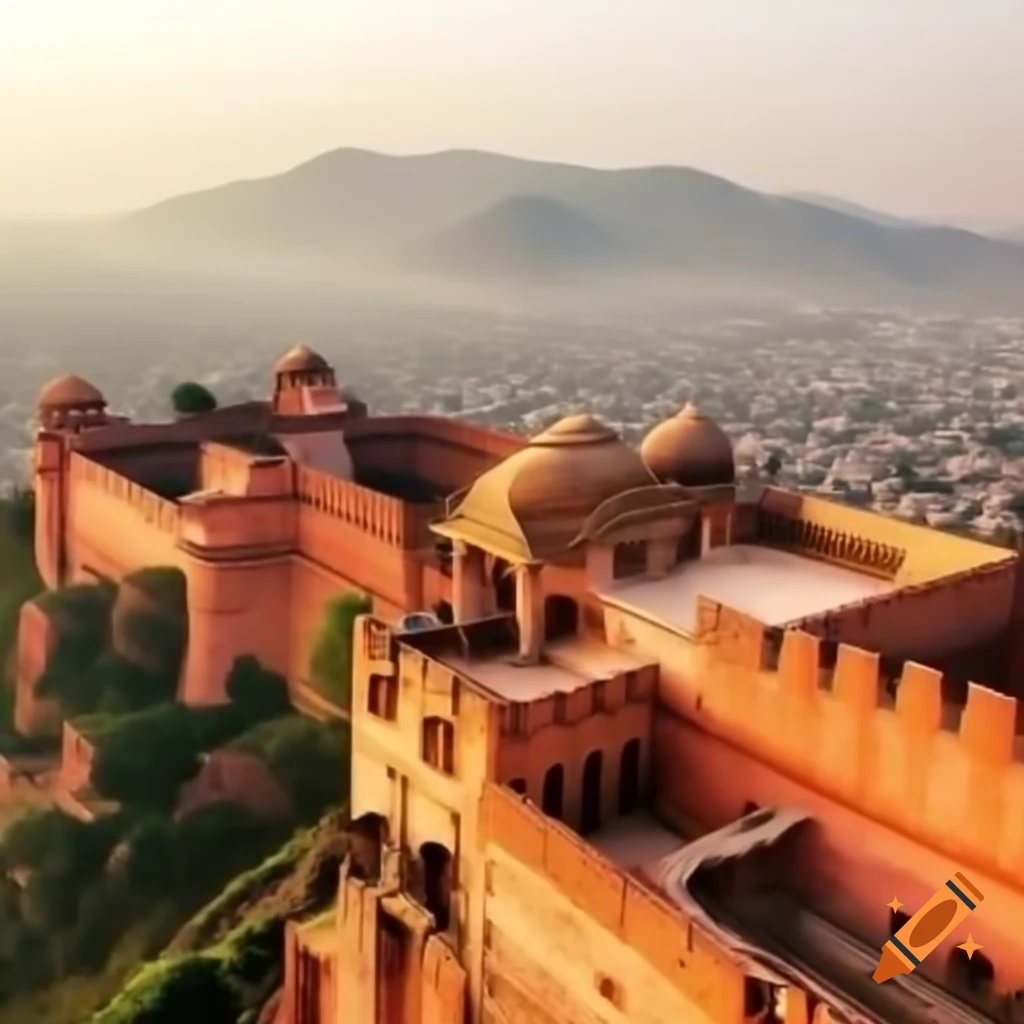 Aerial view showcasing Rajasthan's historic forts and mountains