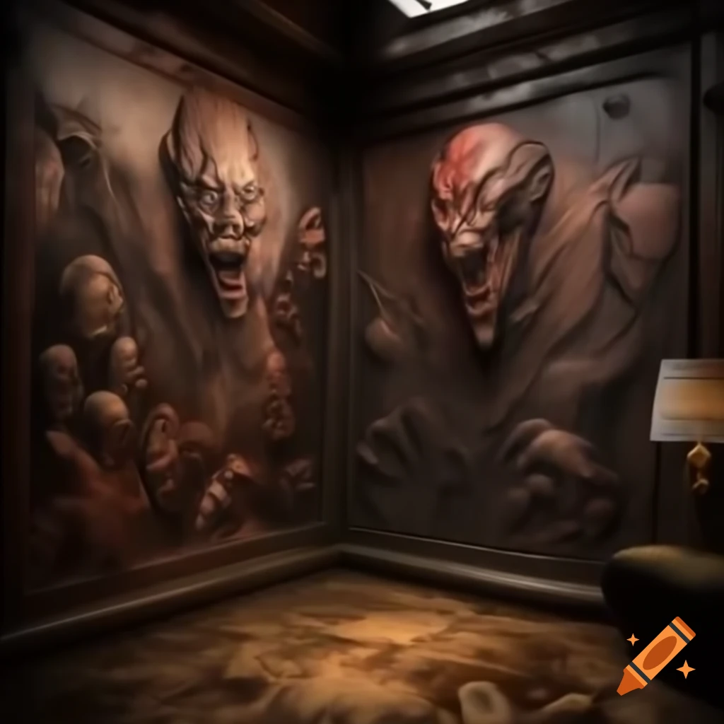 Realistic scary house interior with large room featuring demonic drawings on walls