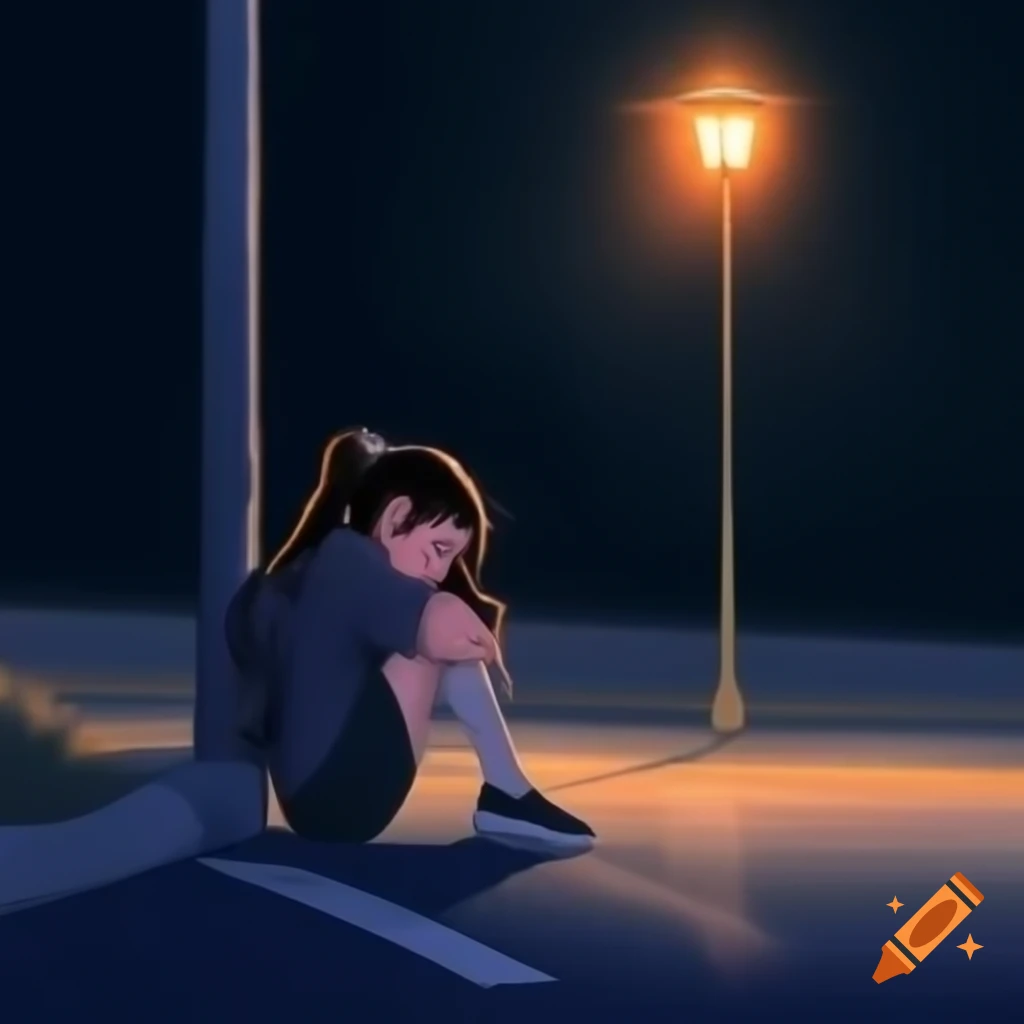 Asian girl sitting sadly by dark road illuminated by street lamp