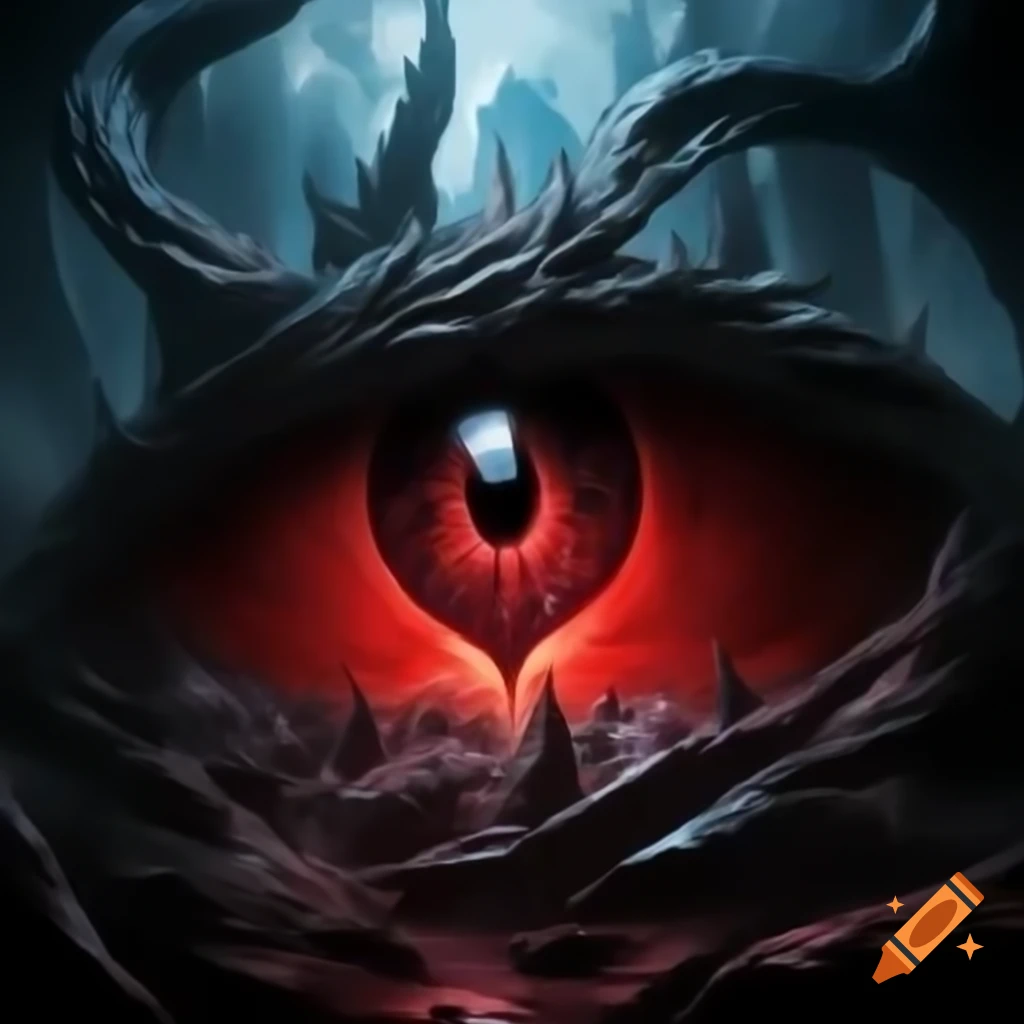 Eerie depiction of the Eye of Sauron glowing over corrupted elven ruins with swirling blue magic