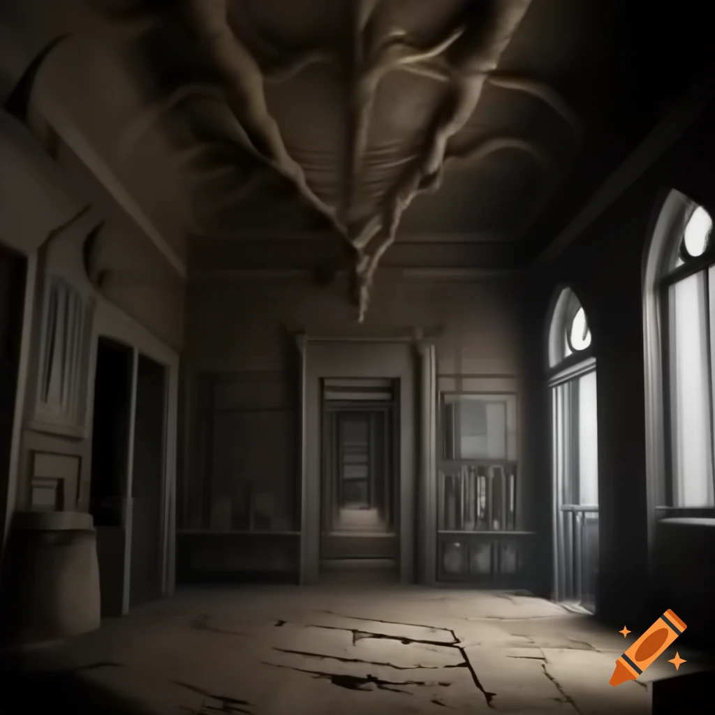 Scary house with large room featuring demonic drawings on walls