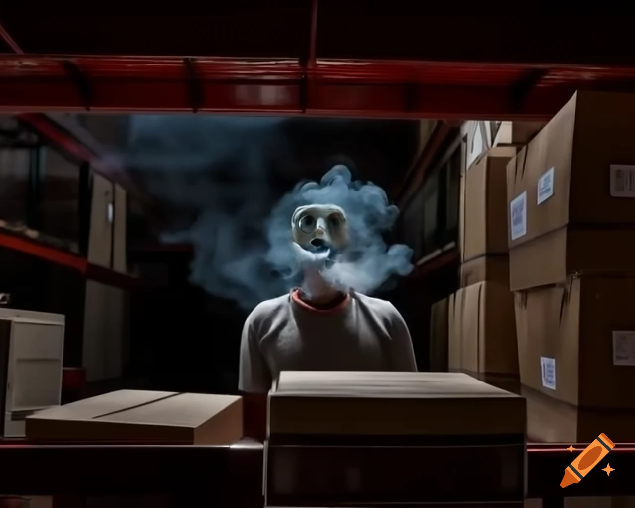 Anonymous mask in warehouse smoking surrounded by boxes