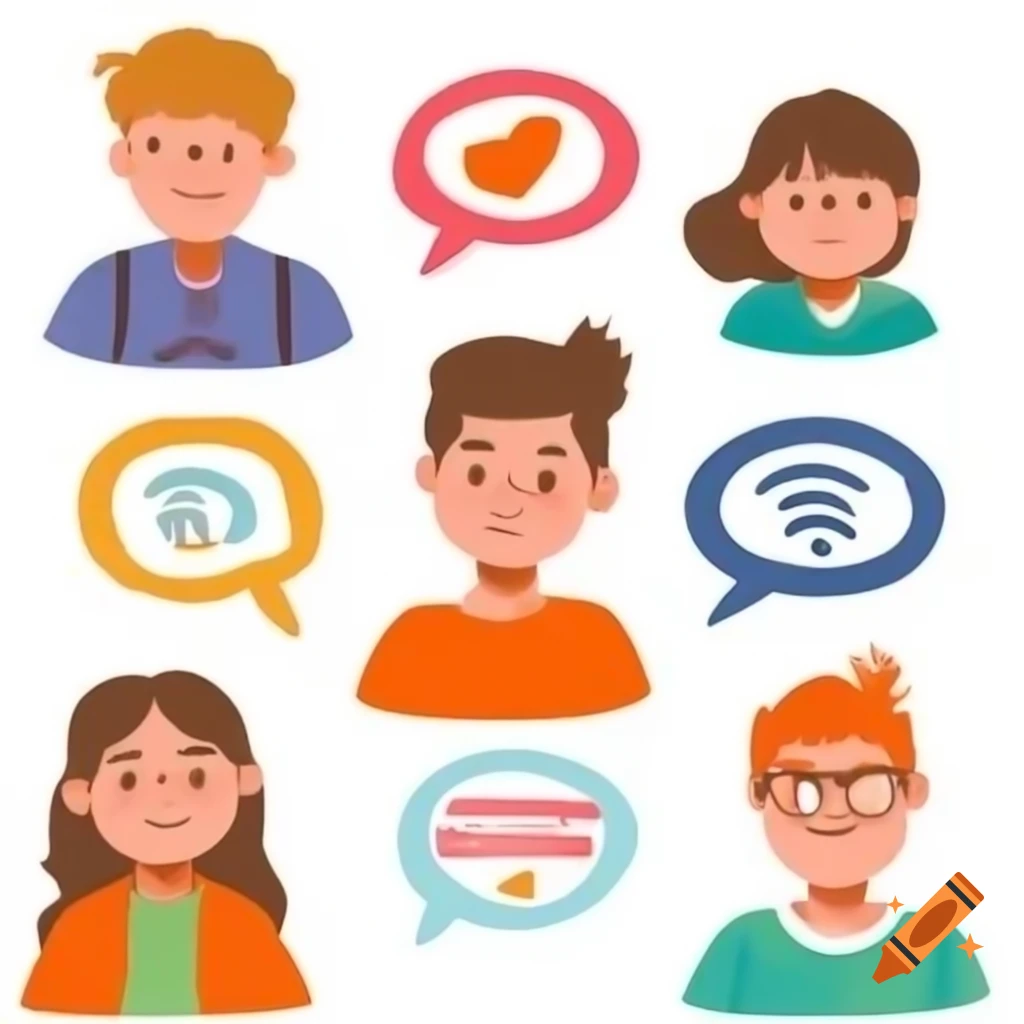 Children's illustration of 5 characters teaching communication skills, focusing on listening and speaking