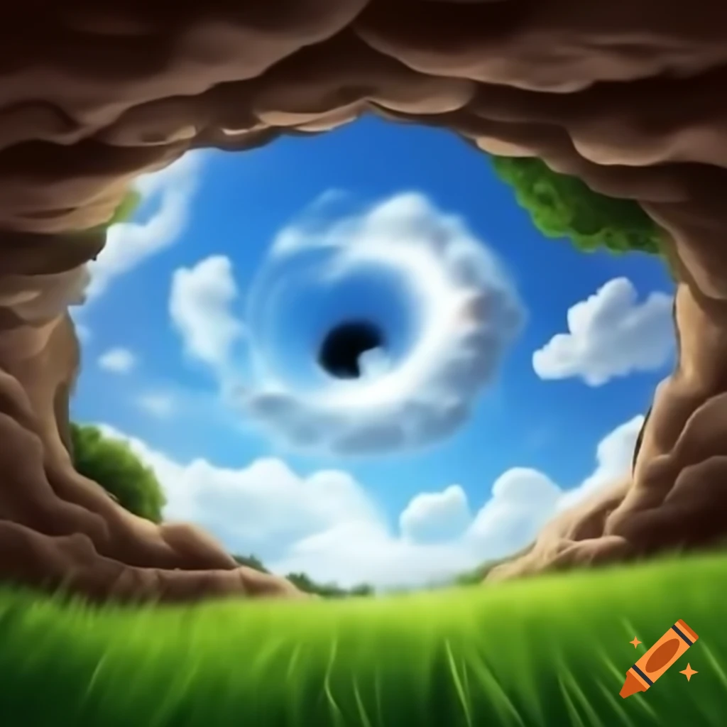 Claw emerging from hole looking at blue sky with clouds, birds, trees, and grass