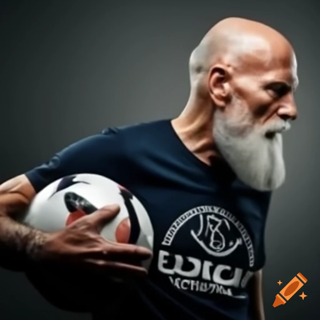 Full-body profile of a bearded, bald grandpa in team t-shirt holding a football