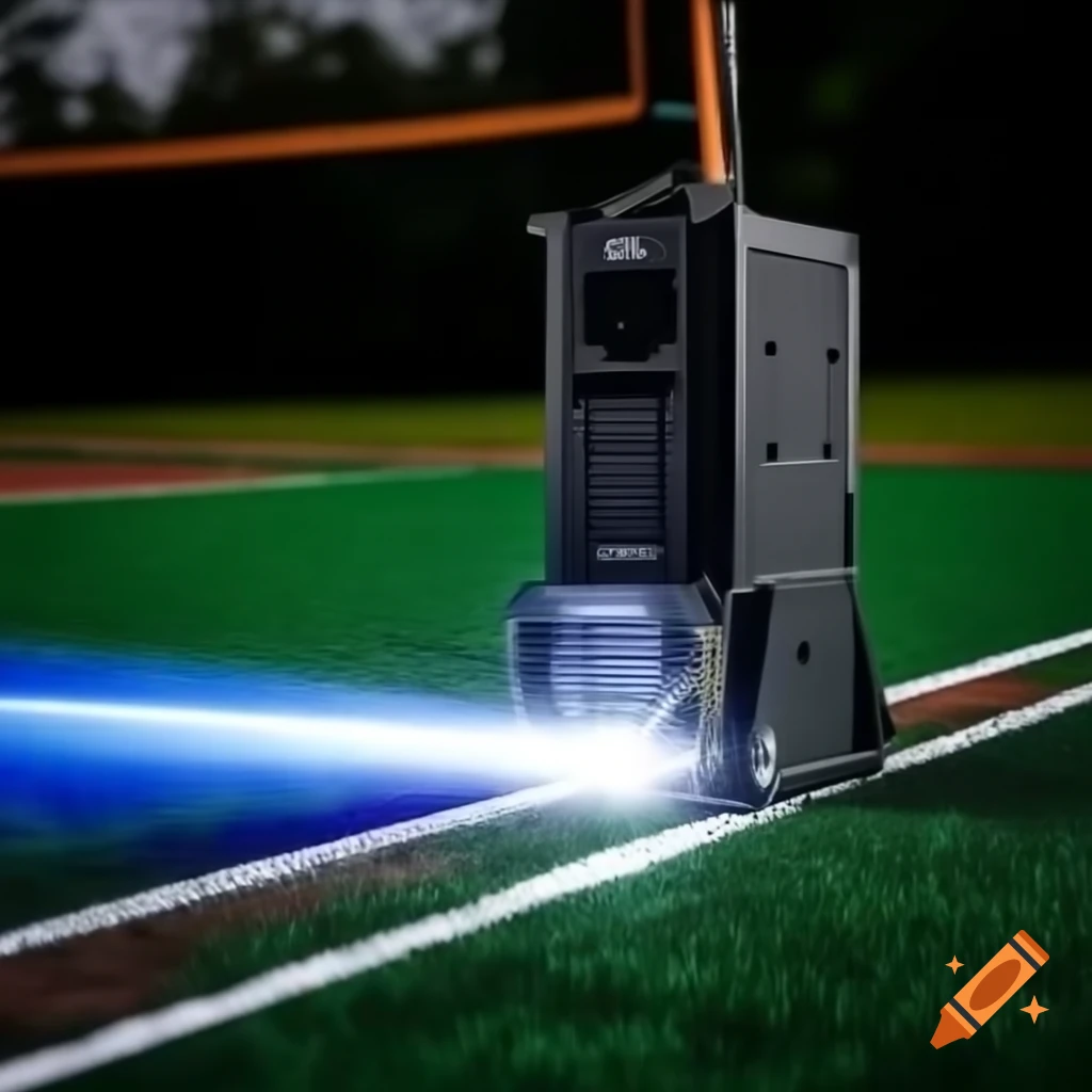 Laser beam cutting through metal on volleyball field