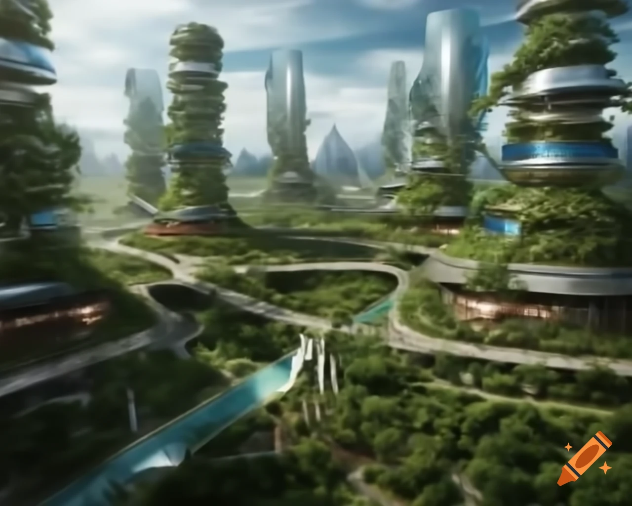Futuristic city in harmony with nature featuring green buildings, solar panels, and wind turbines