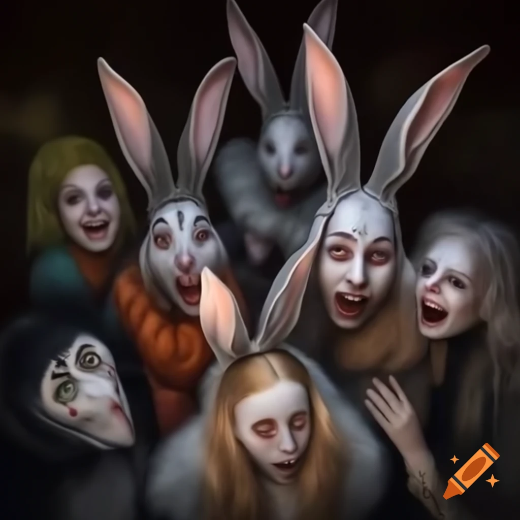 Group of trick-or-treating rabbits in Halloween costumes