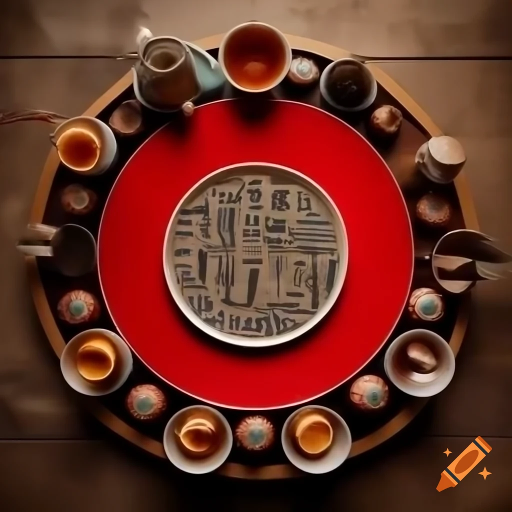 Circle of red hieroglyphs on table with empty space for tea