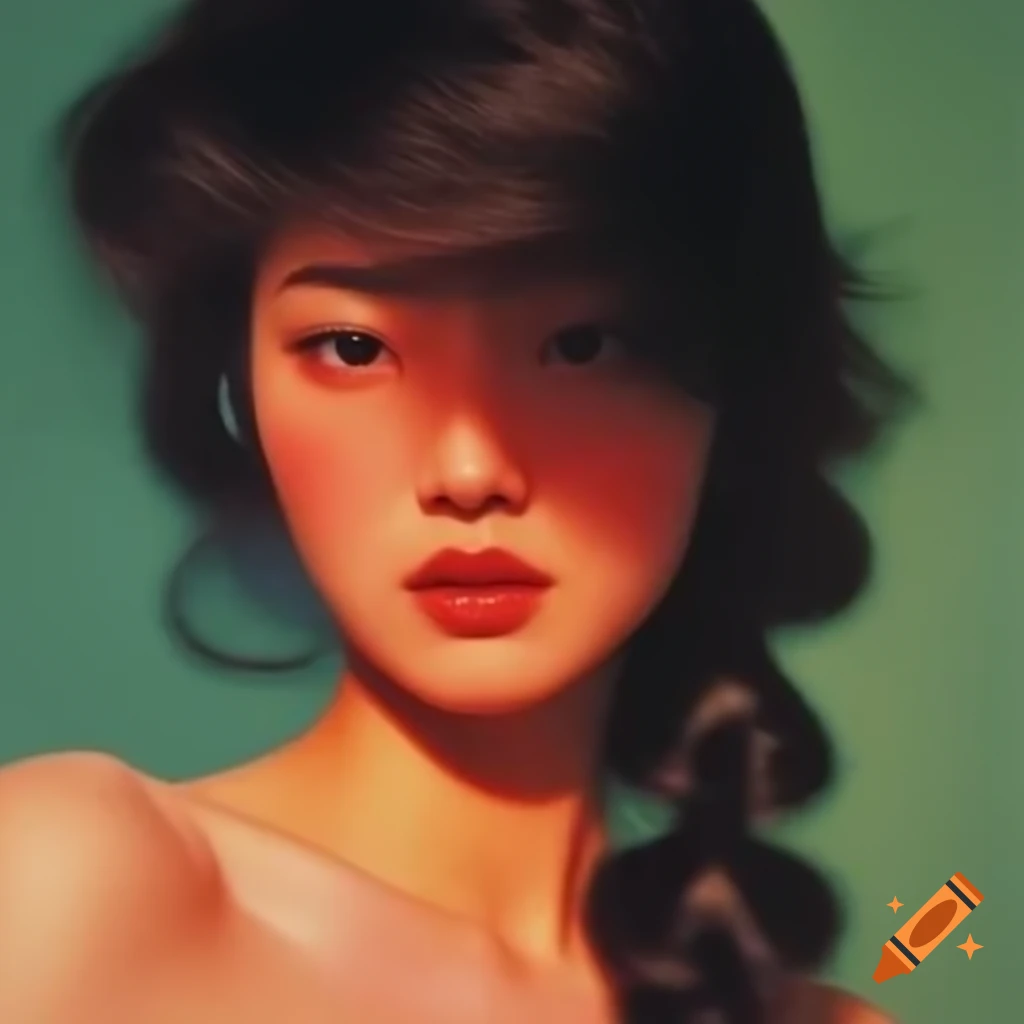 Hyper-realistic photograph of beautiful Asian woman with voluminous 80s hairstyle