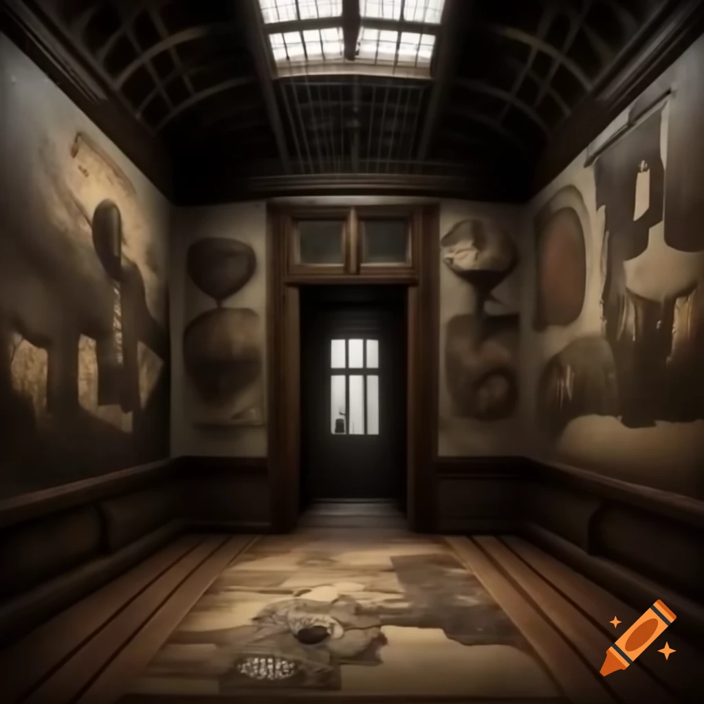 Realistic scary house interior with large room featuring demonic drawings on walls