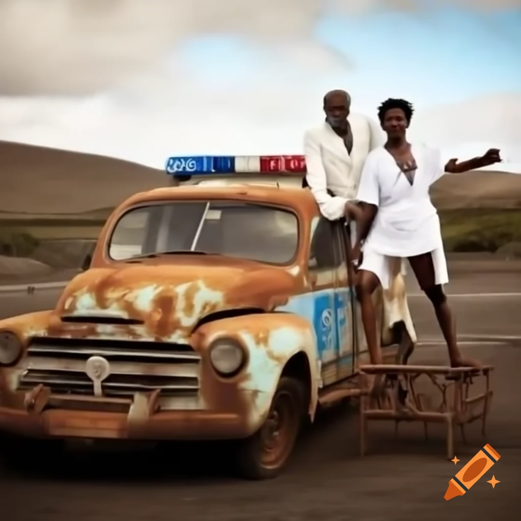 Rusty police car with actors in white suits on Galapagos Island