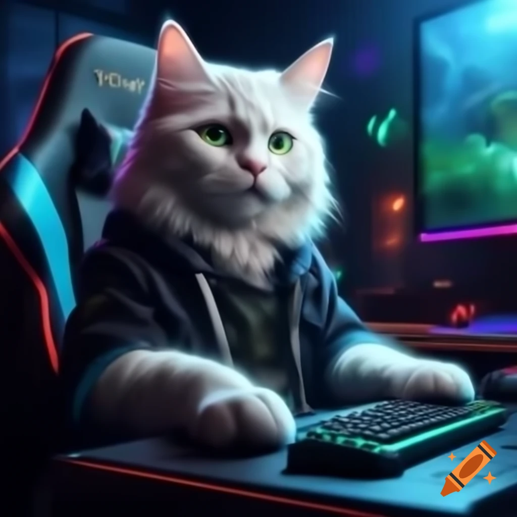 Regal frosty white cat in black hoodie sitting in gaming chair with keyboard and mouse