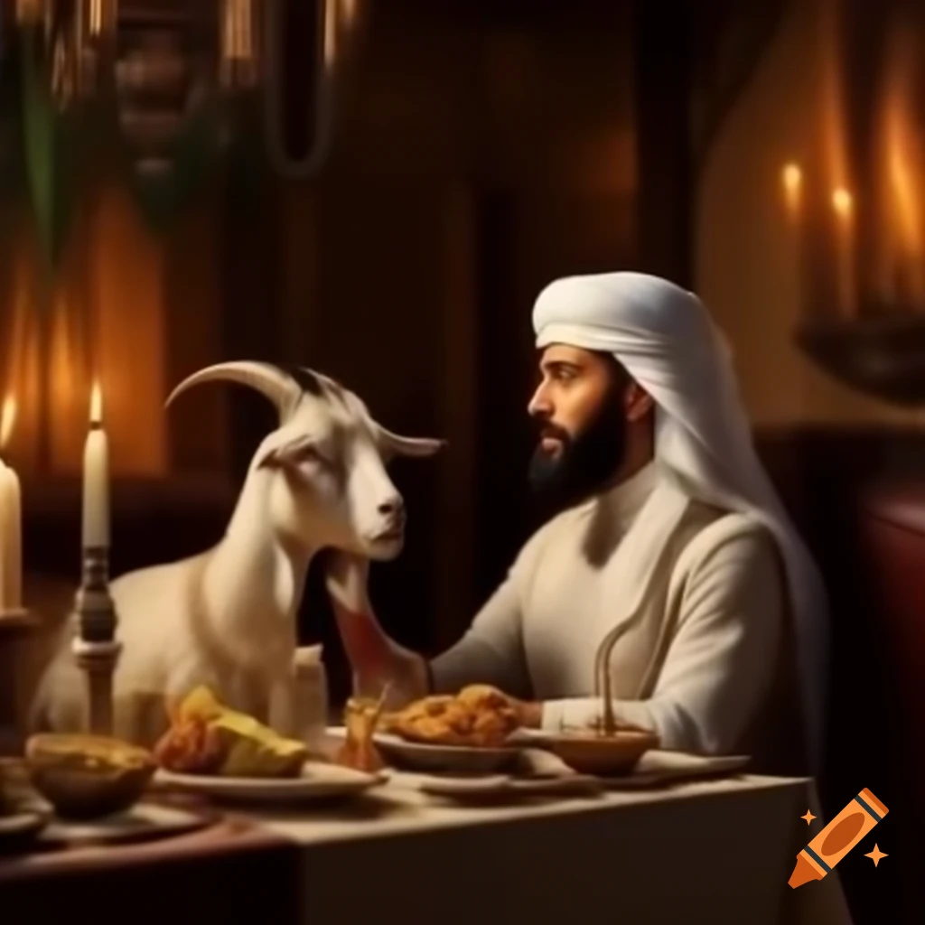 Arab man at candlelight dinner with goat in wedding dress
