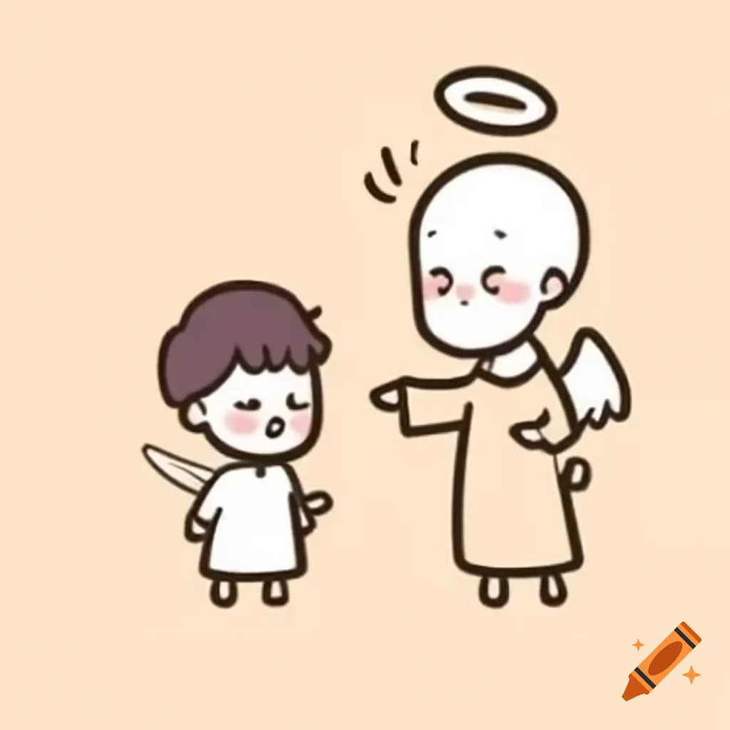 Abraham pointing to his son in a cute drawing, engaged in an argument with an angel