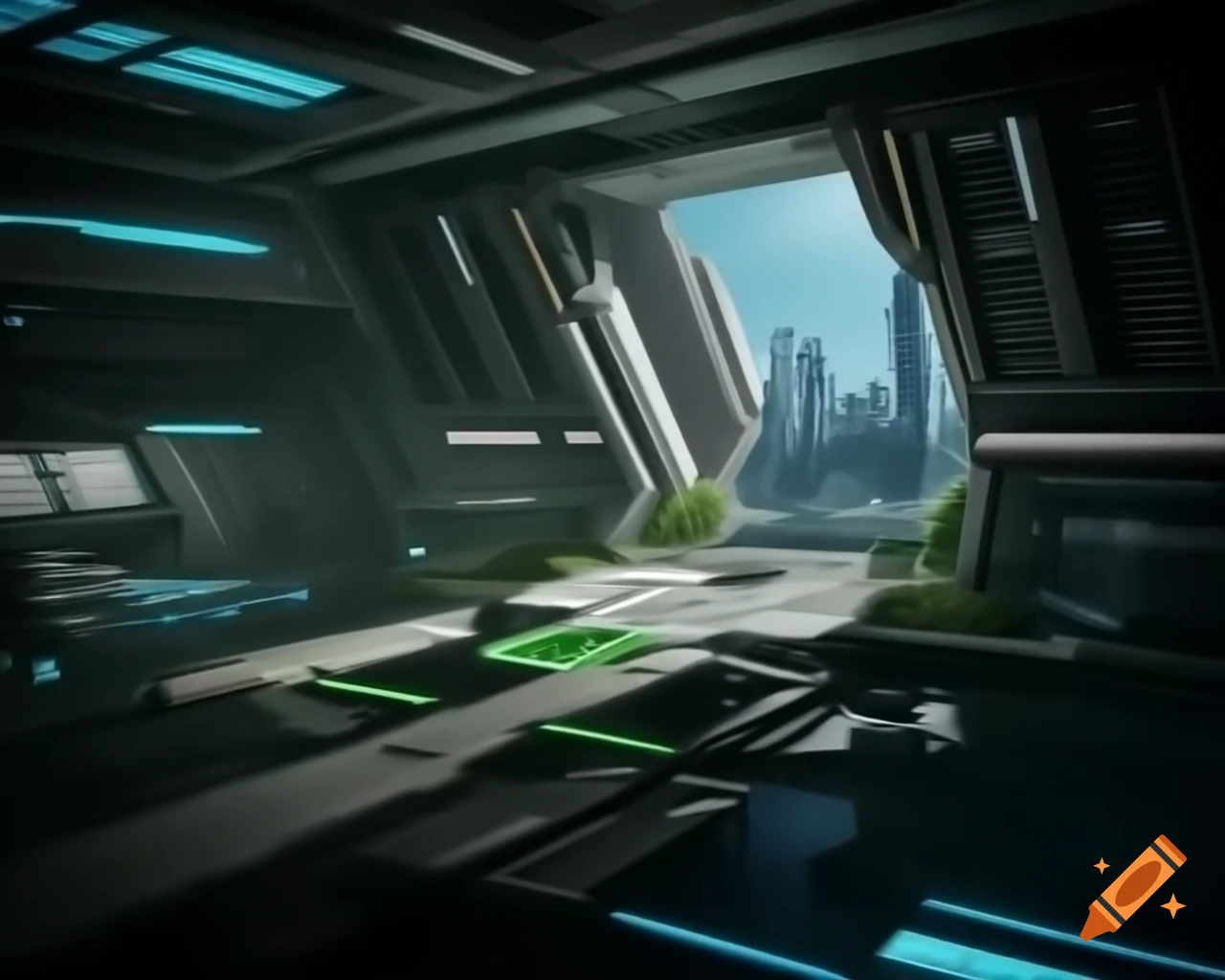 Interior view of futuristic building overlooking city on terraformed Mars with green plants and running water
