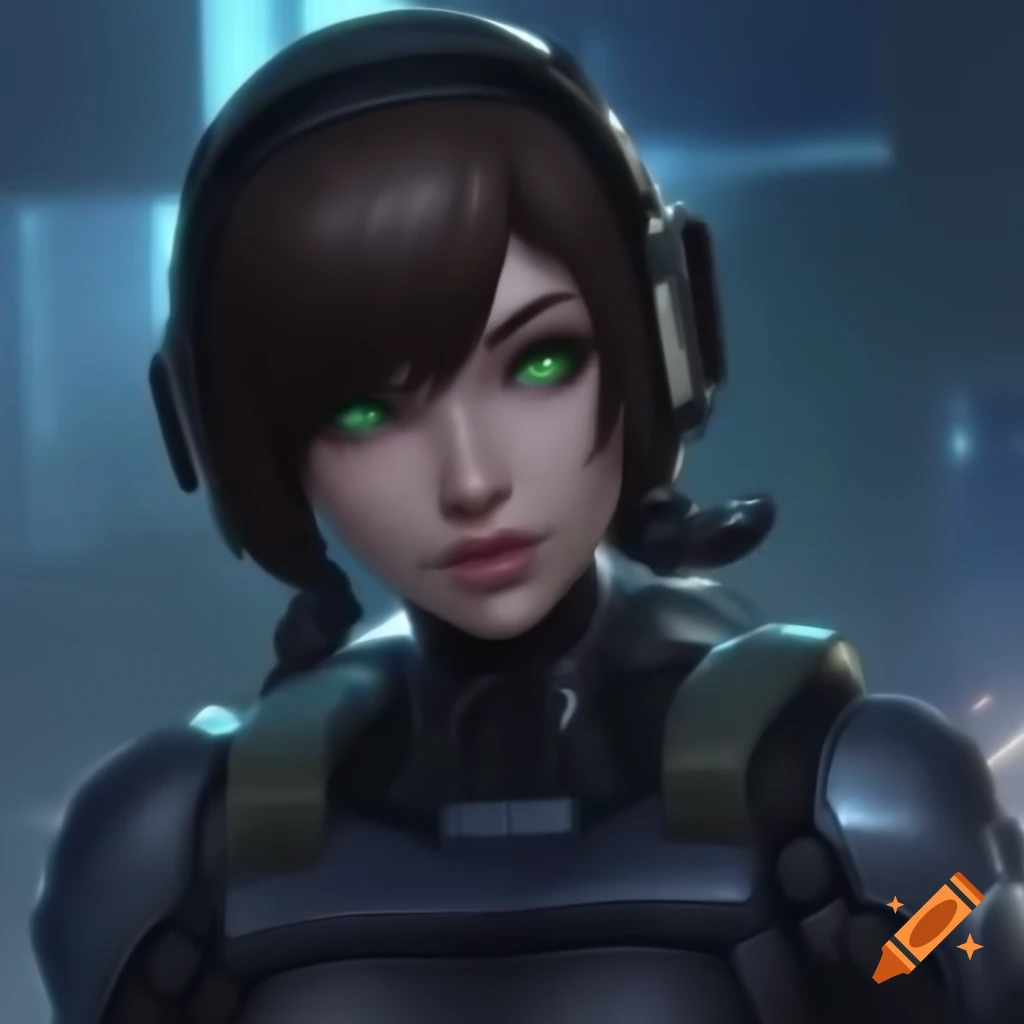 Futuristic female soldier with brown skin and green eyes in Kowloon City