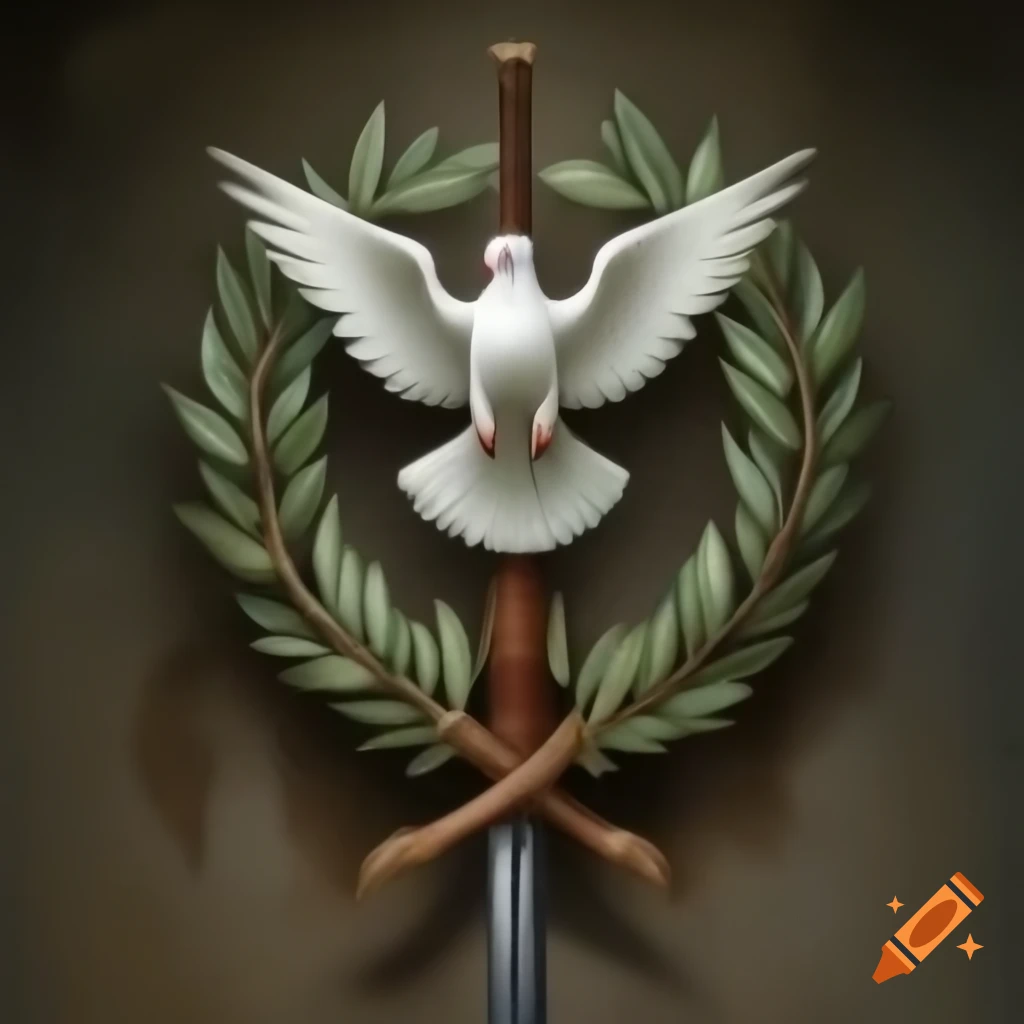 Dove holding olive branch and medieval sword, antique symbol