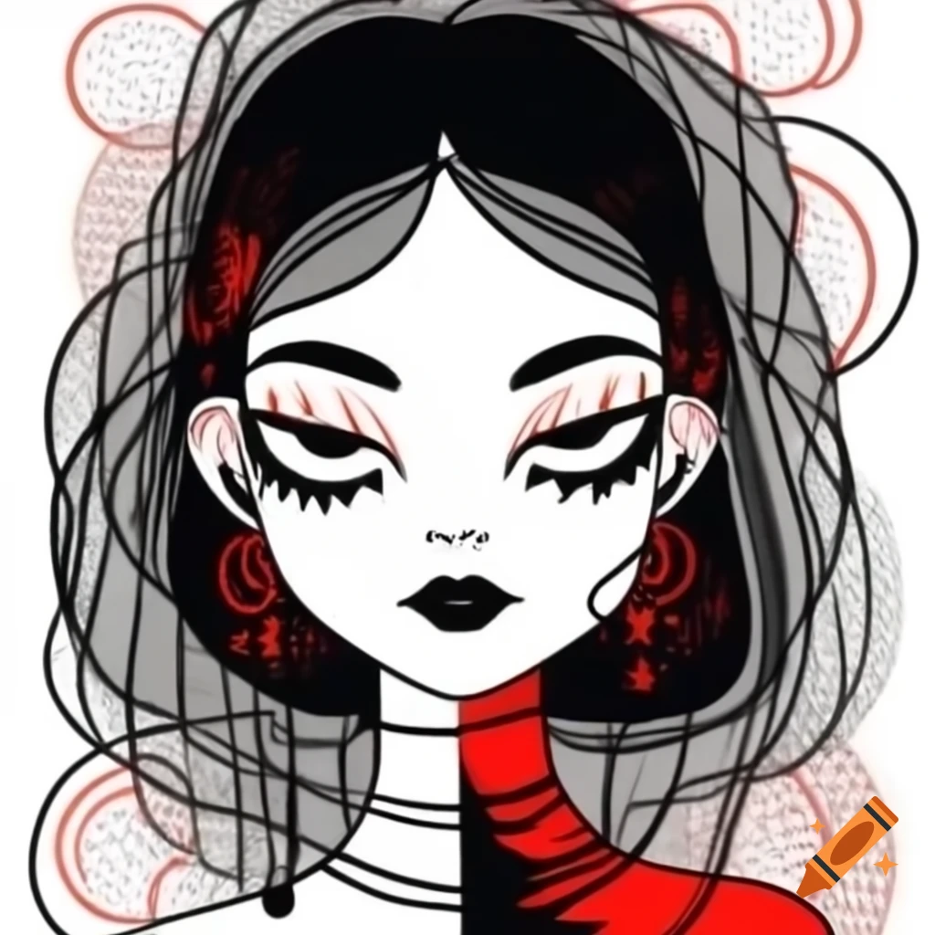 Gothic woman in fine liner drawing with black lines and red accents, pop art style